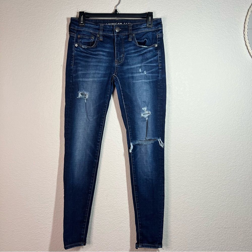 American Eagle Blue Distress Super Stretch Frayed Hem Jeggings Womens Size 4